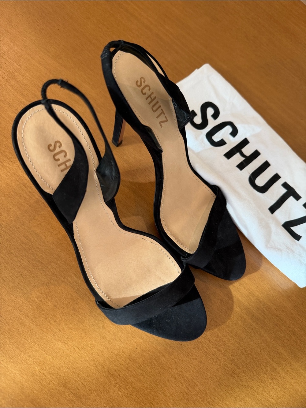 SCHUTZ Black Suede Open-Toe Slingback Heels - Picture 14 of 14